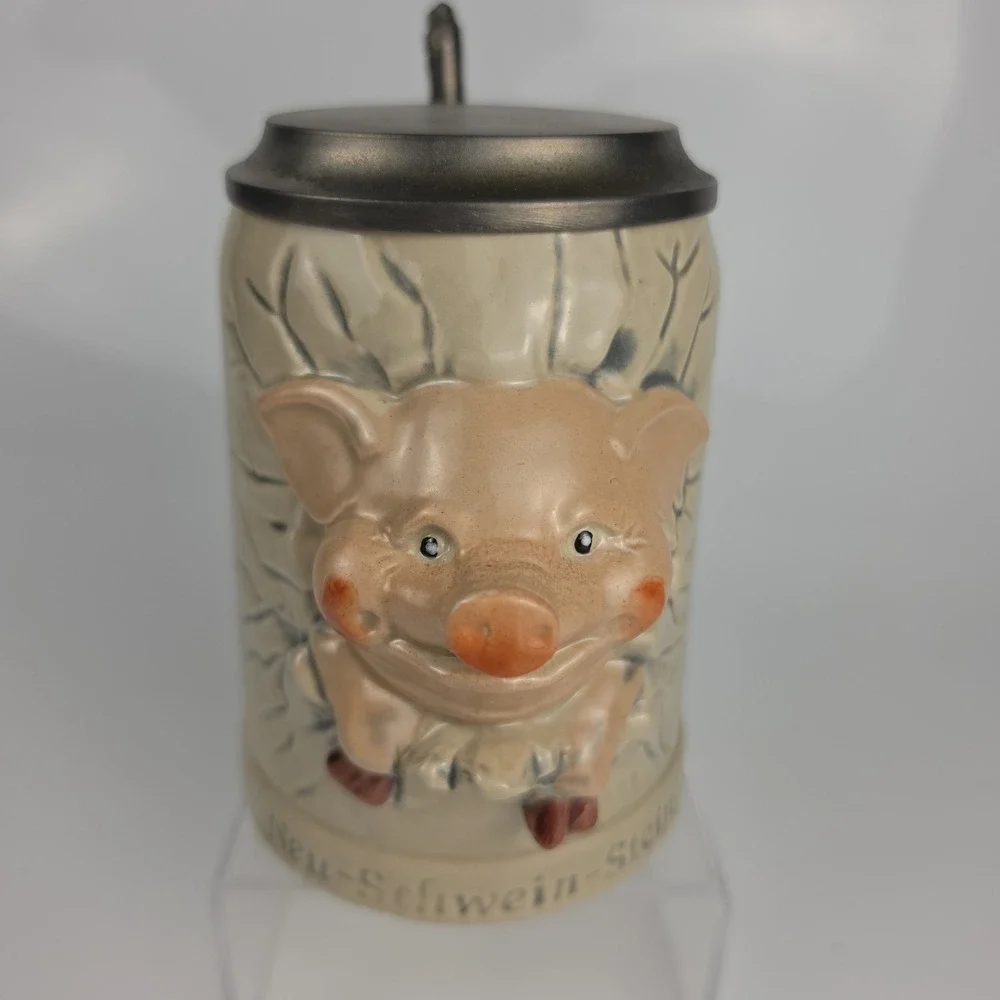 Diener Neu Schwein Stein German Pig Stoneware Character Stein Pewter Lid